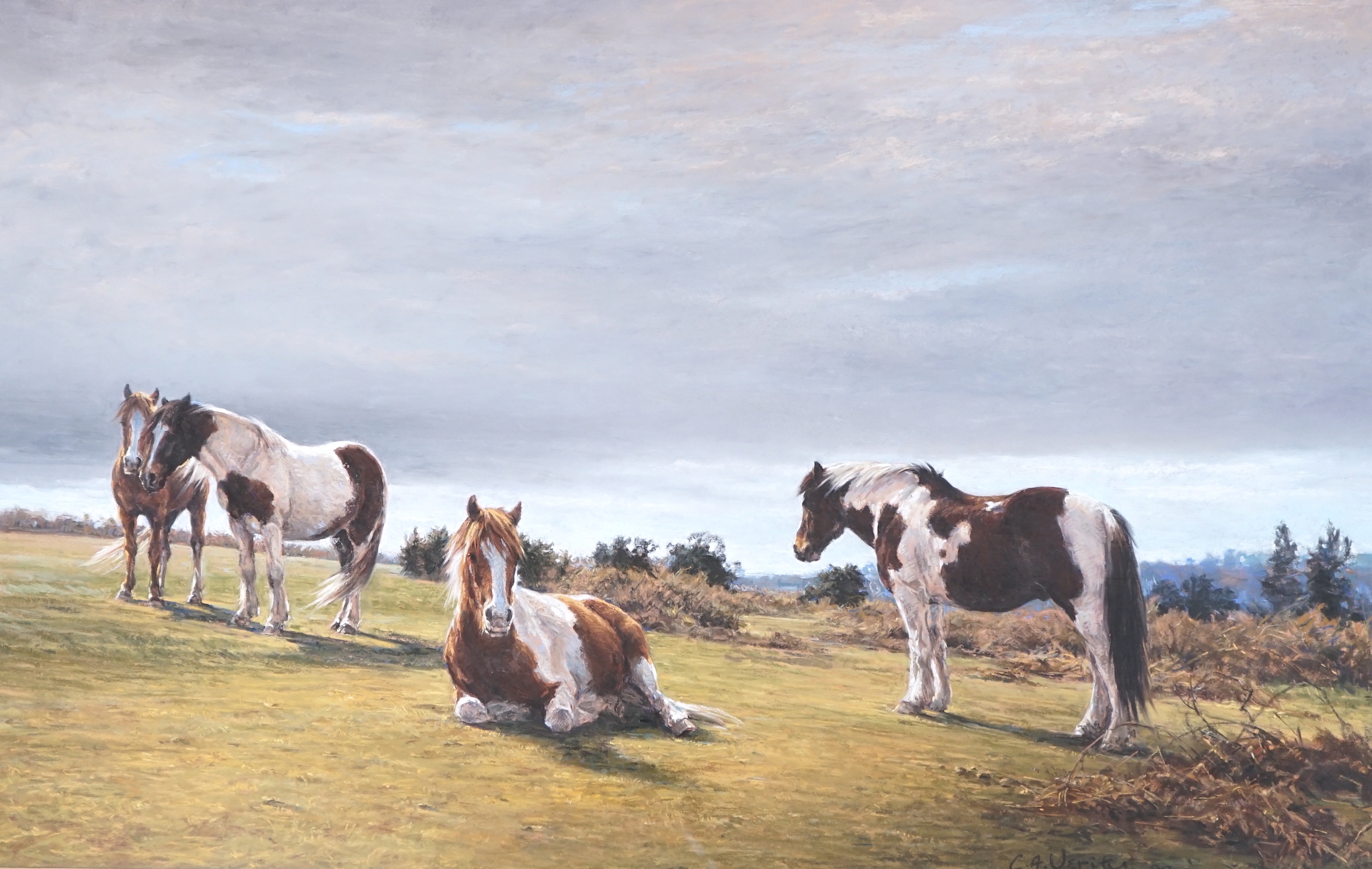 Claire Verity (20th. C) pastel, Ponies on May Hill, Gloucestershire, signed and dated '98, label verso, 55 x 87cm